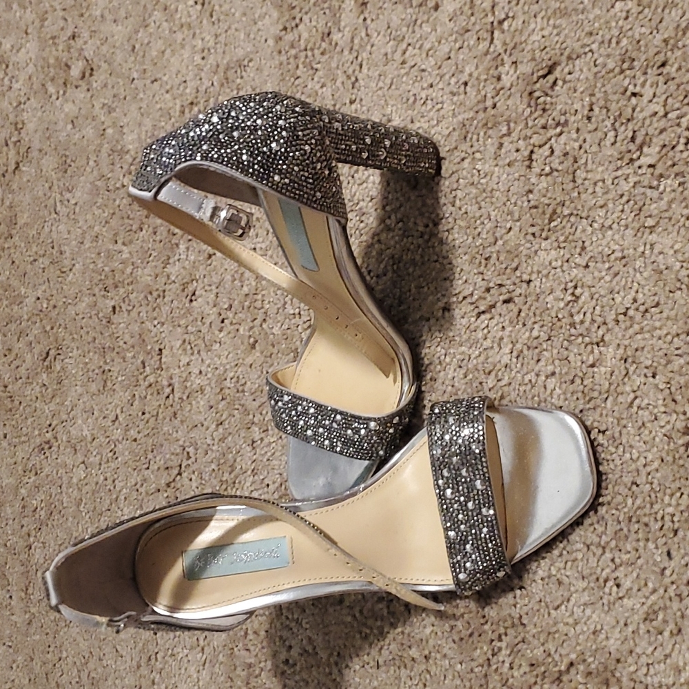 $197 Blue by Betsey Johnson Mark Silver Rhinestone Open Toe Heels